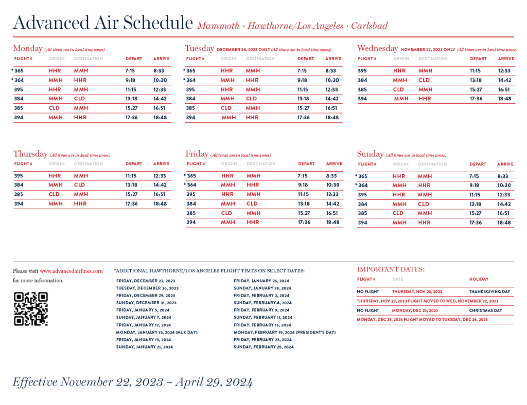 Flight schedules advanced air