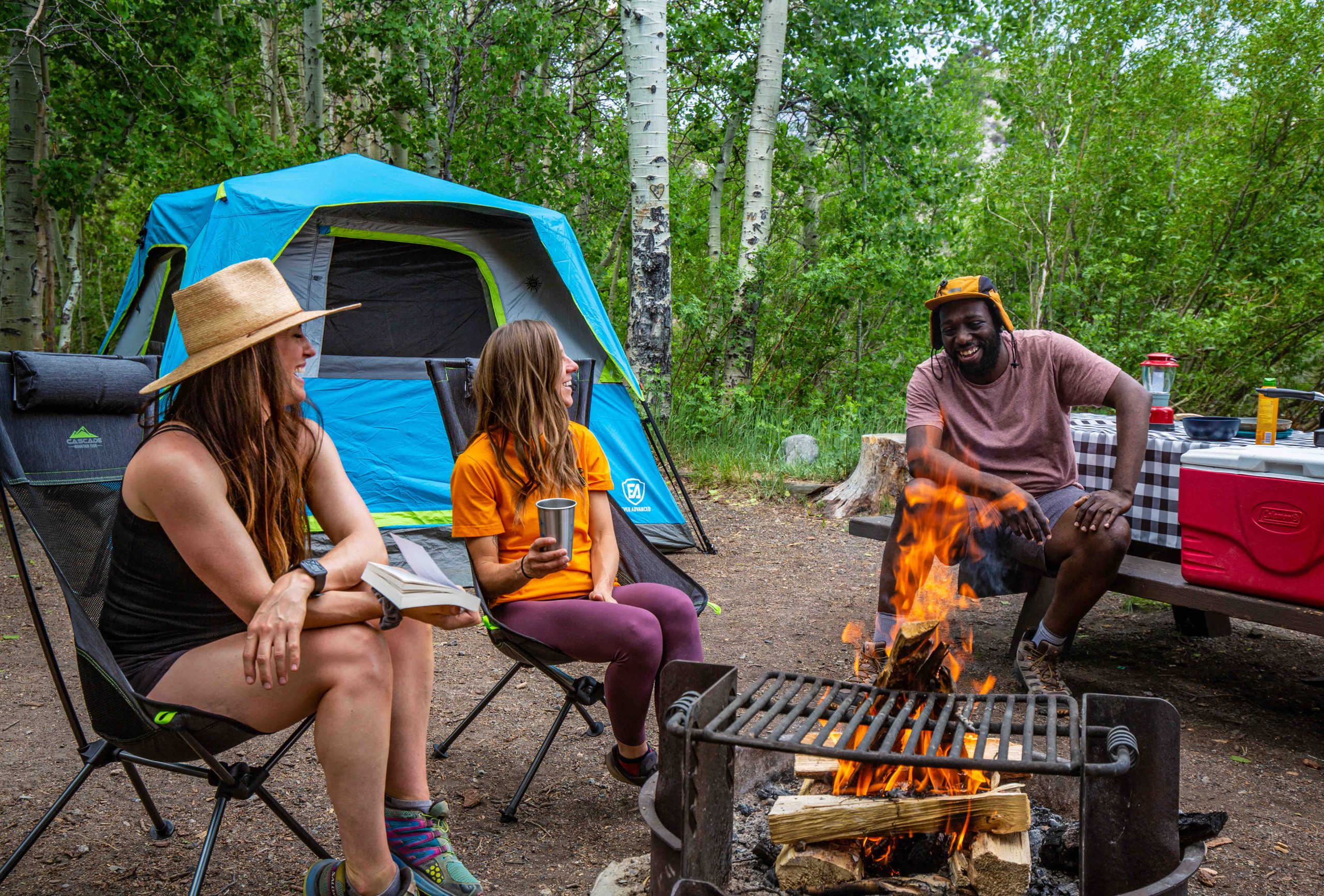 Three friends laughing around a campfire in an aspen grove at dusk